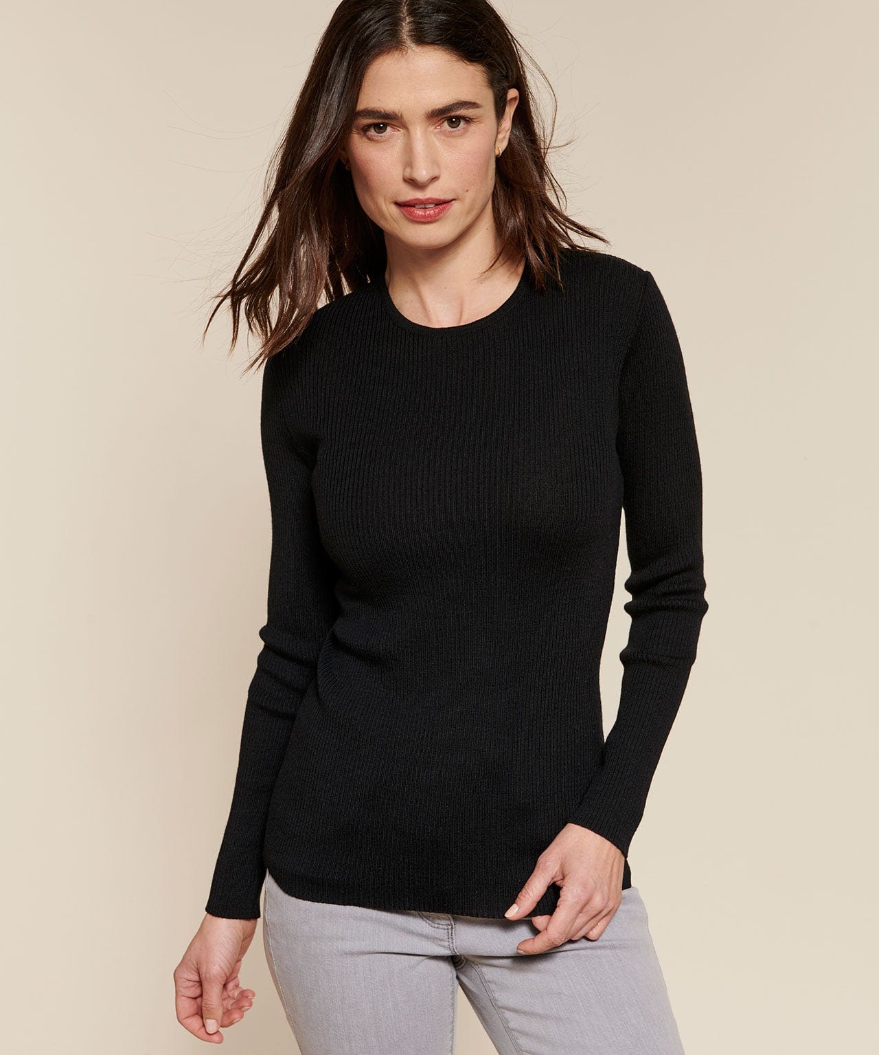 Pull col rond 50% laine mérinos, uni et rayé