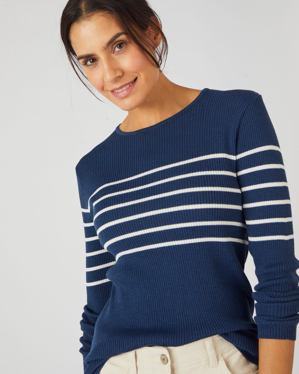 Pull col rond 50% laine mérinos, uni et rayé