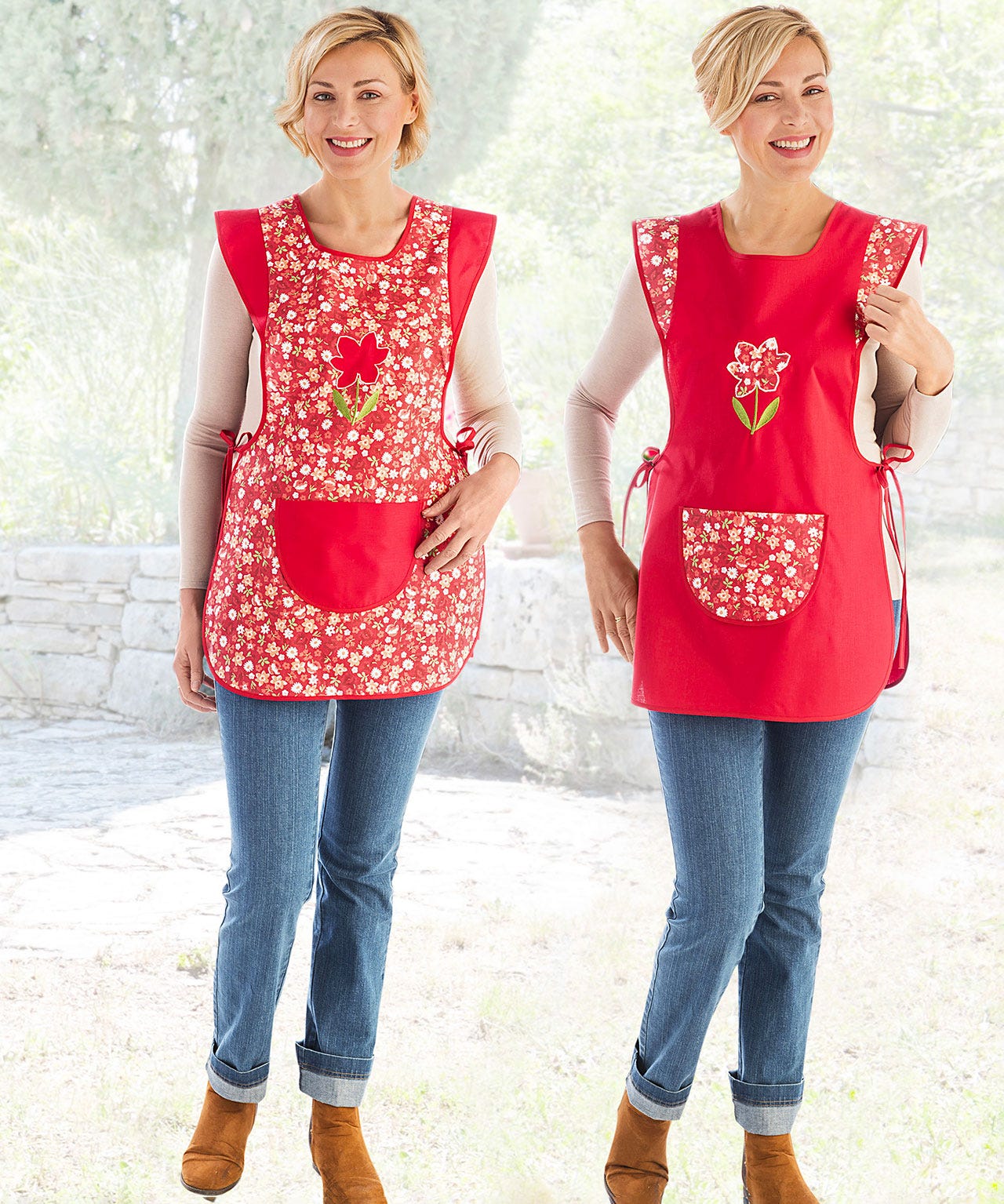 Lot de 2 tabliers chasuble uni et fleuri.