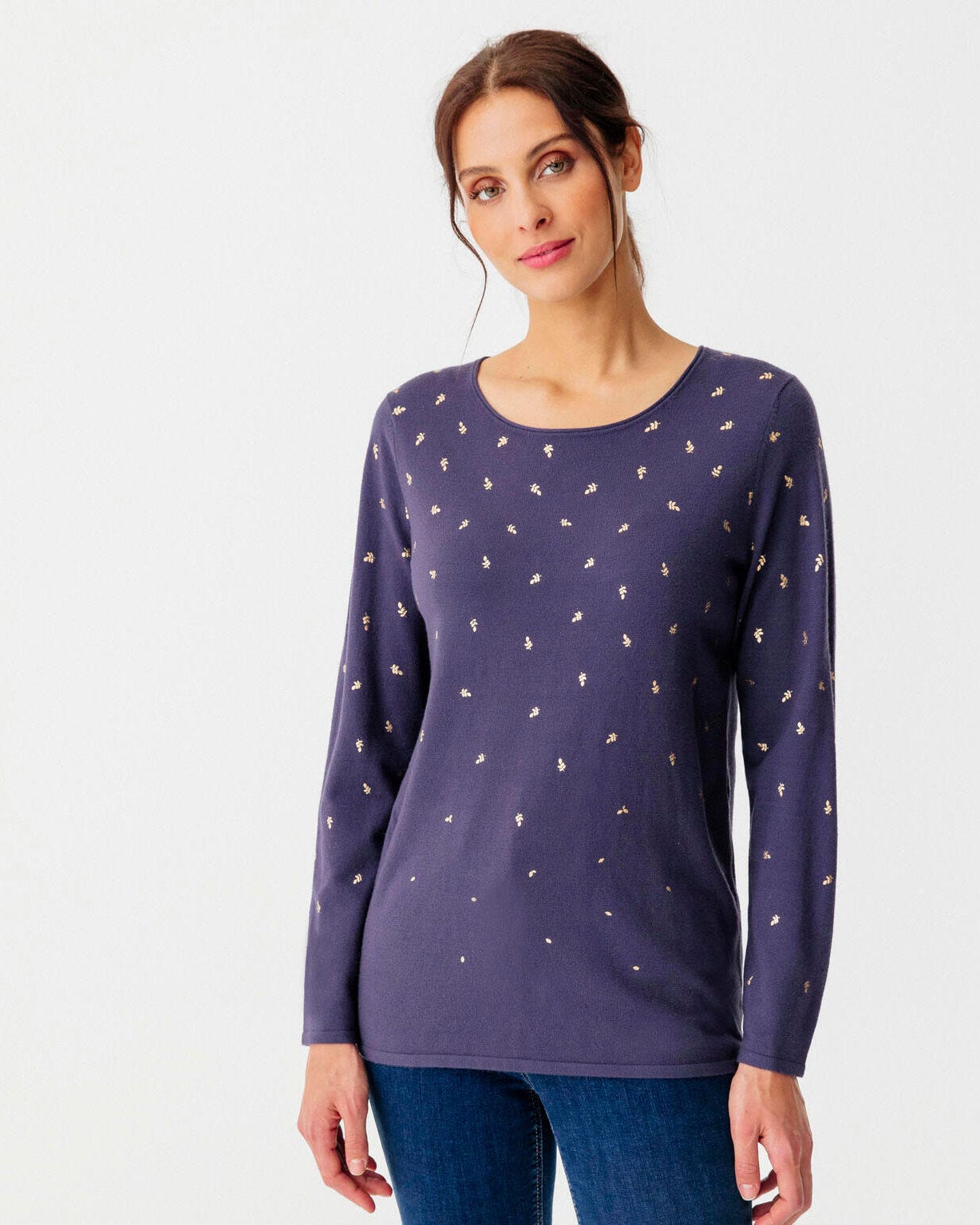 Pull imprimé doré col rond