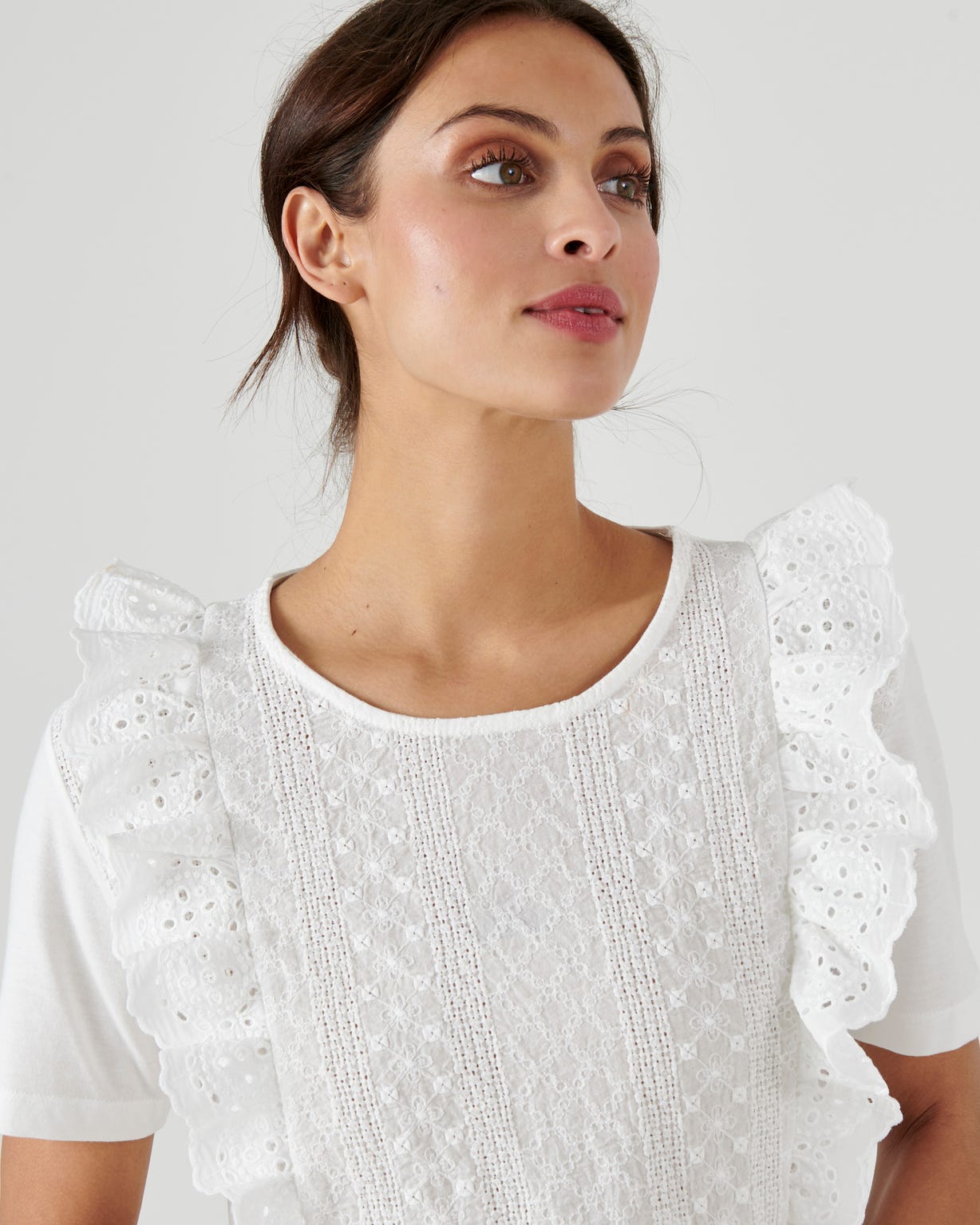 T-shirt bi-matière broderie anglaise