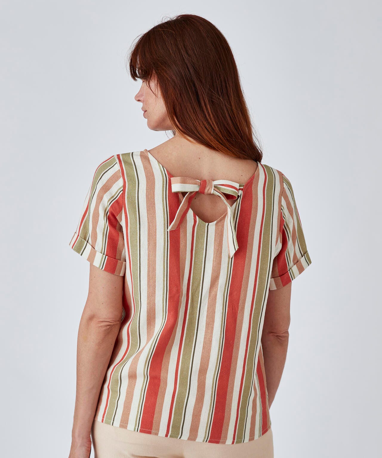 Blouse mélange lin fleurie et rayée