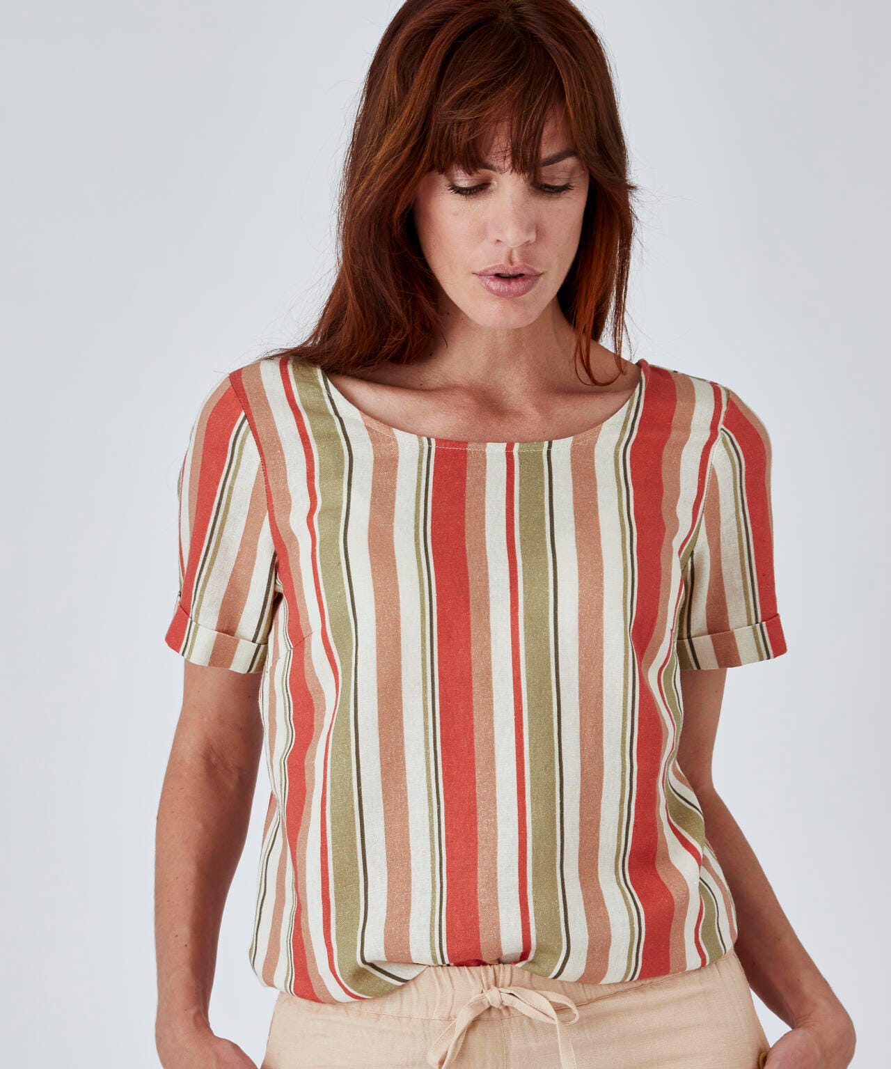 Blouse mélange lin fleurie et rayée