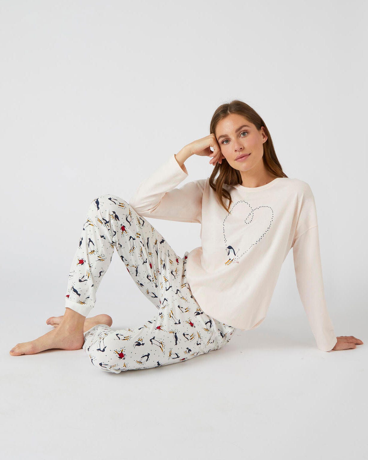 Damart Pyjama De Noël En Maille Jersey Pur Coton Femme Bleu Imprimé