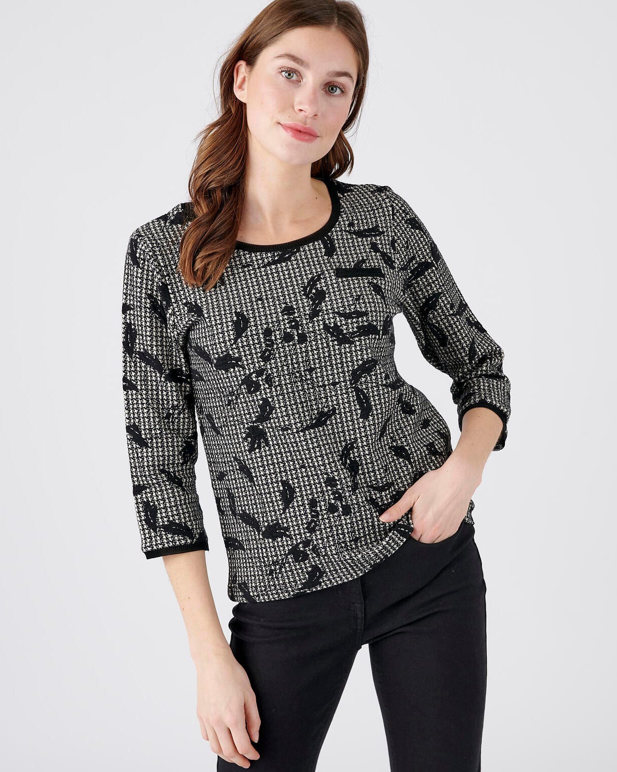 Tee-shirt maille jacquard, manches 3/4