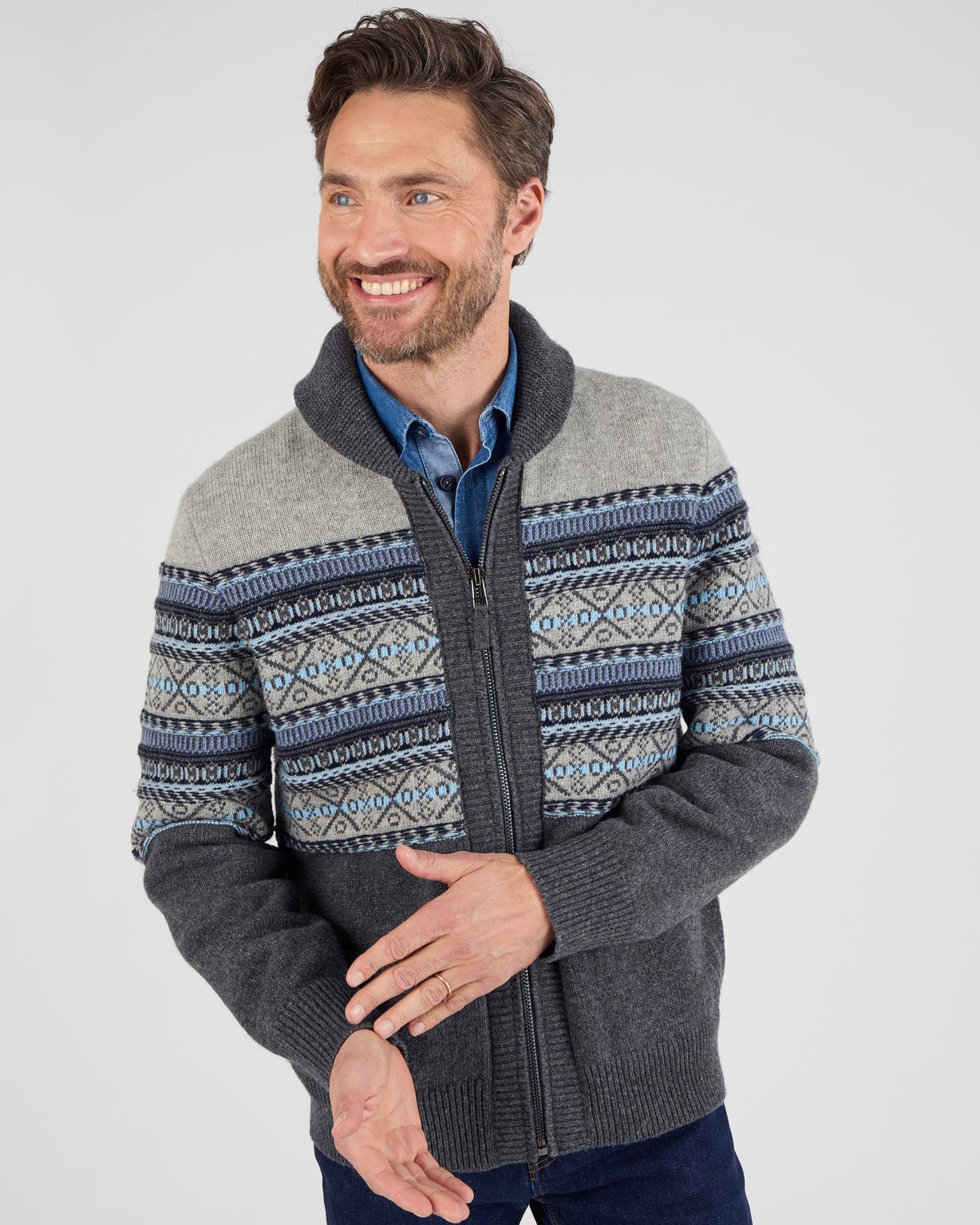 Gilet zippé mélange laine maille jacquard