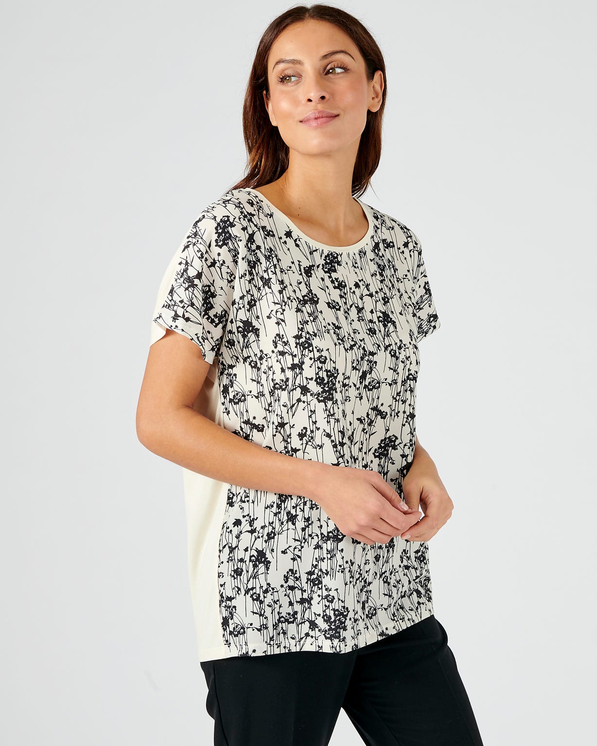 Tee-shirt bimatière imprimé feuillages.