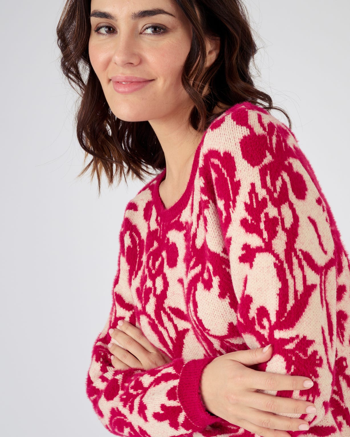 Pull jacquard et fil poilu