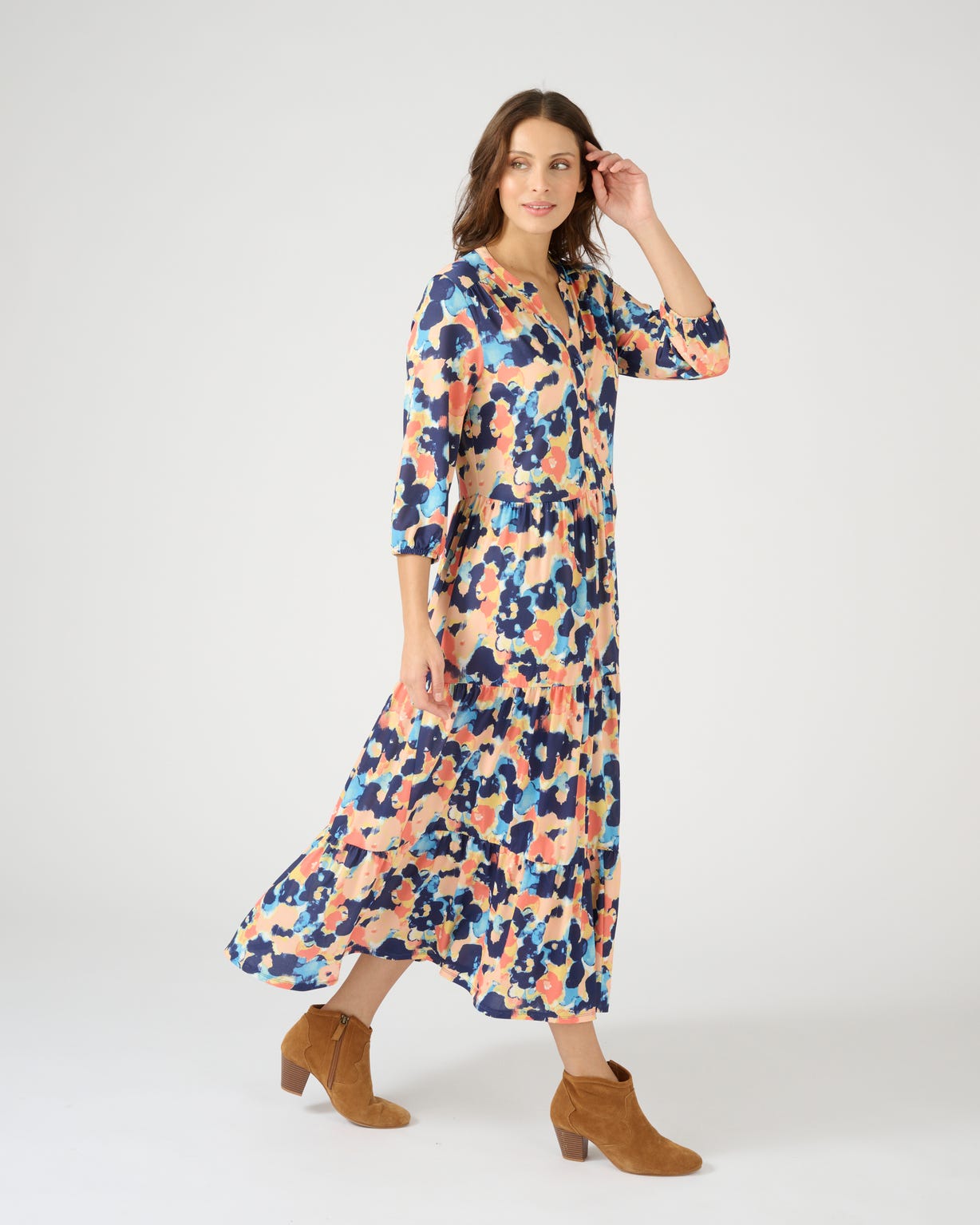 Robe longue maille crêpe à volants