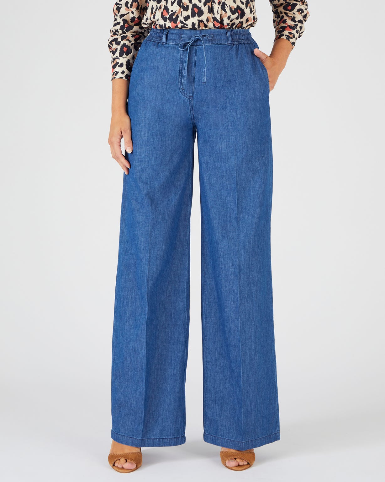 Pantalon large tissu chambray