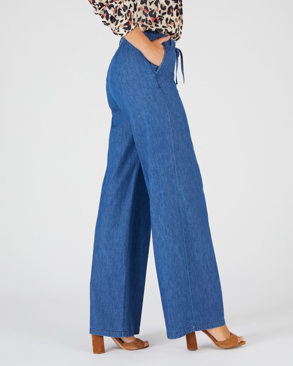 Pantalon large tissu chambray