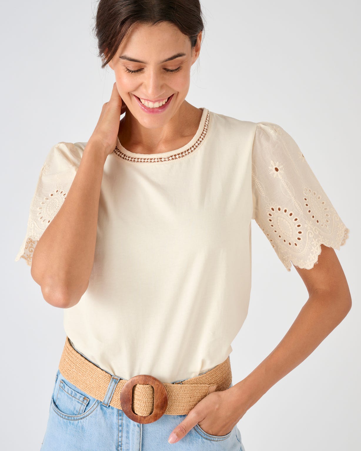 T-shirt pur coton manches brodées