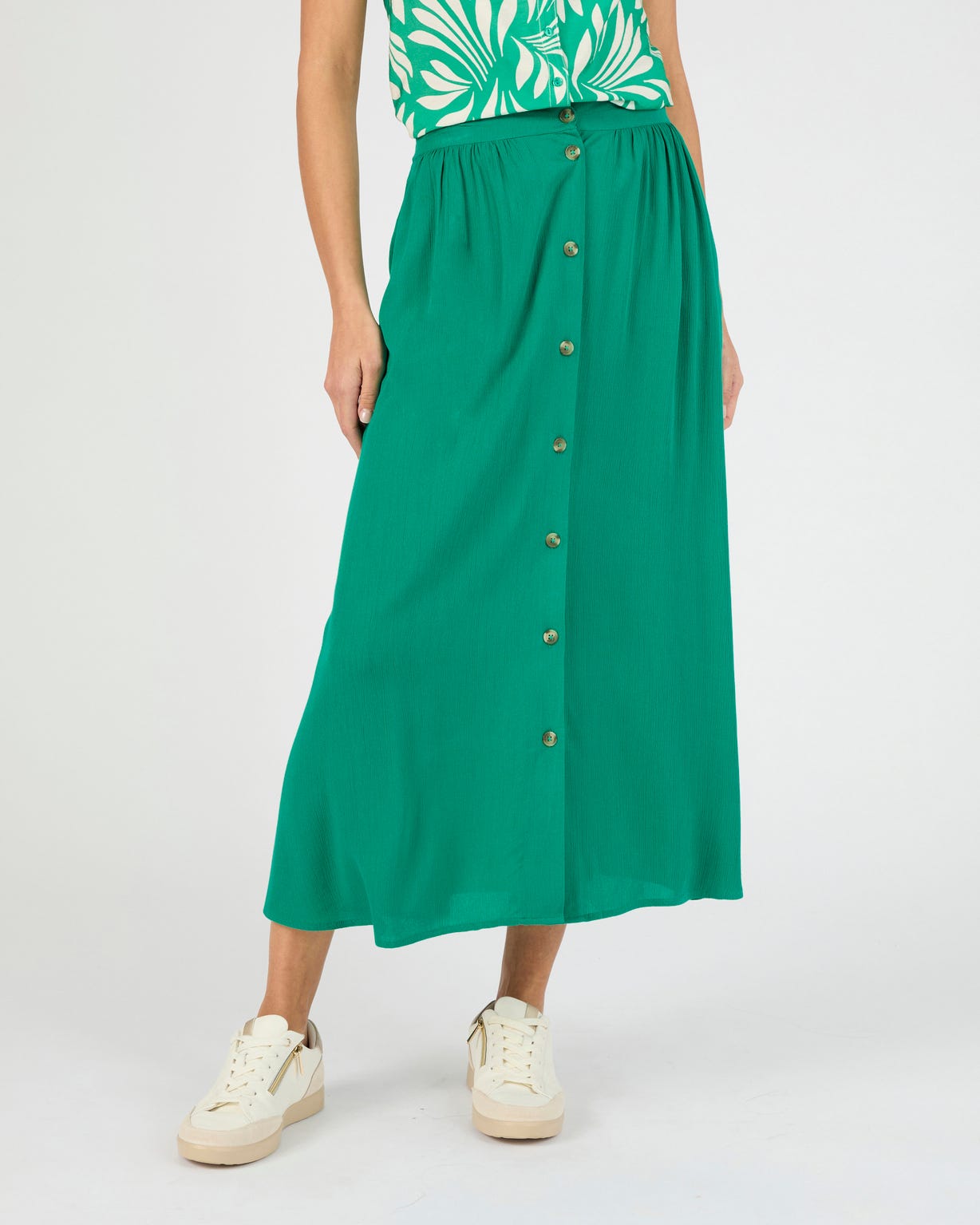 Jupe boutonnée en tissu créponné pure viscose