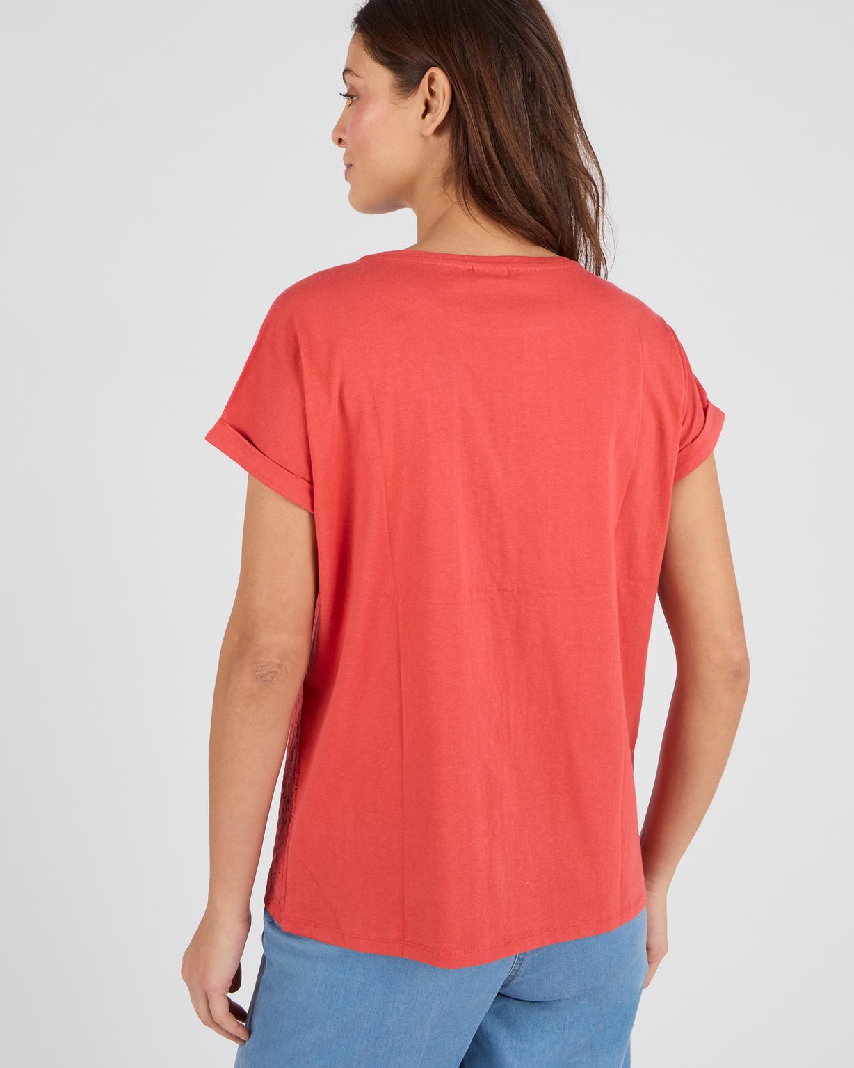 T-shirt bi-matière broderie anglaise