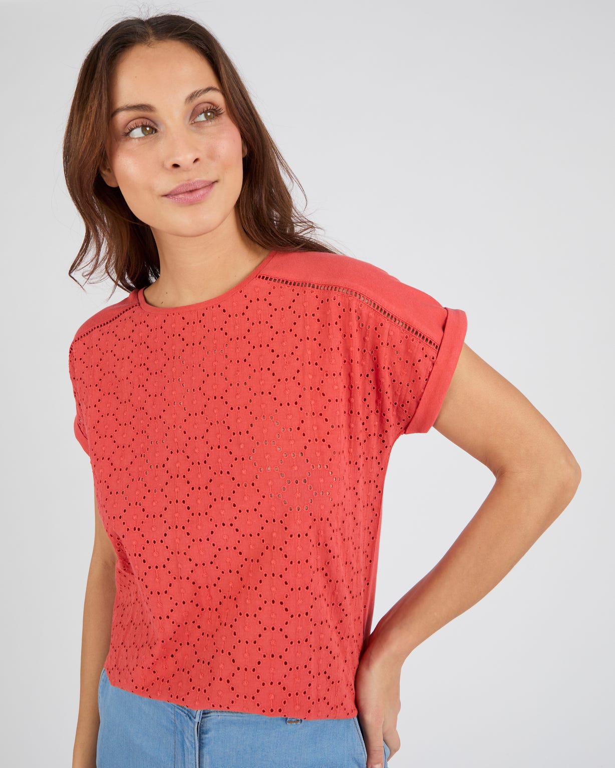 T-shirt bi-matière broderie anglaise