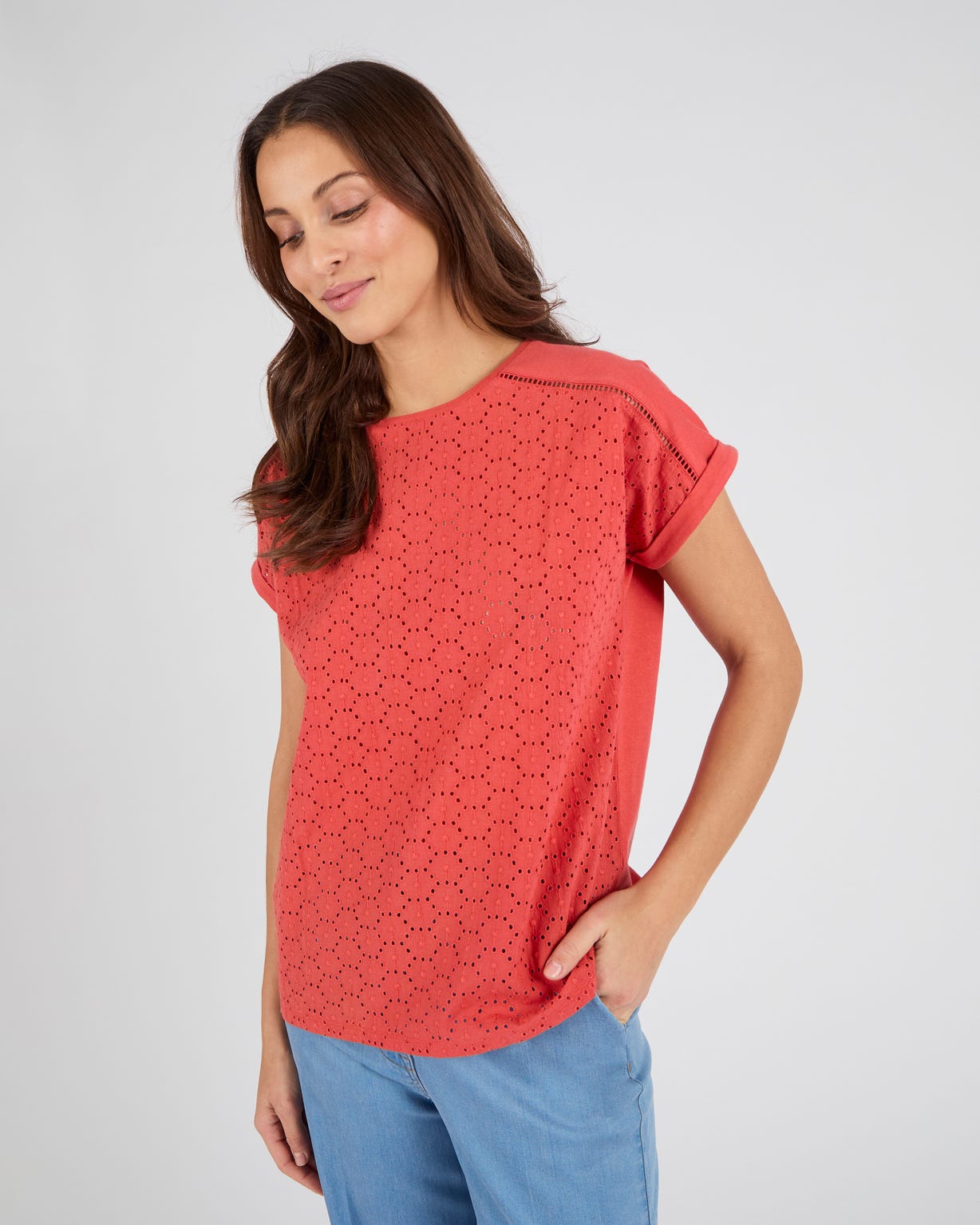 T-shirt bi-matière broderie anglaise