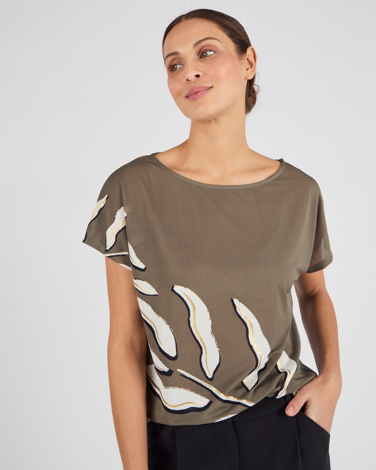 T-shirt maille crêpe motif feuillage