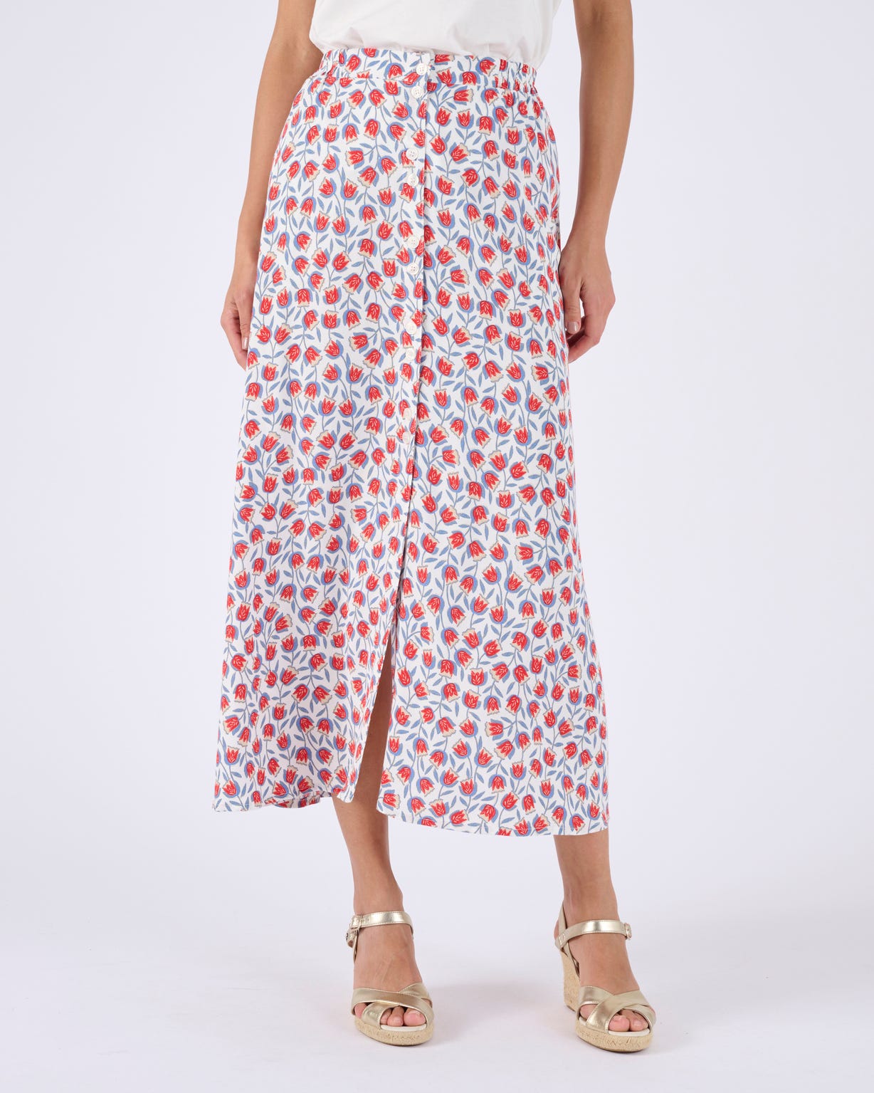 Jupe boutonnée imprimé tulipes