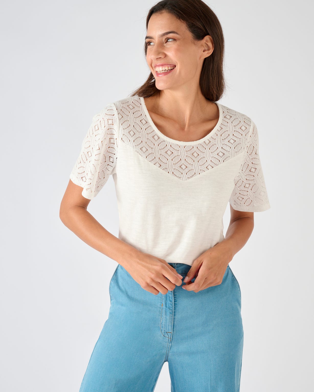 T-shirt pur coton empiècement macramé