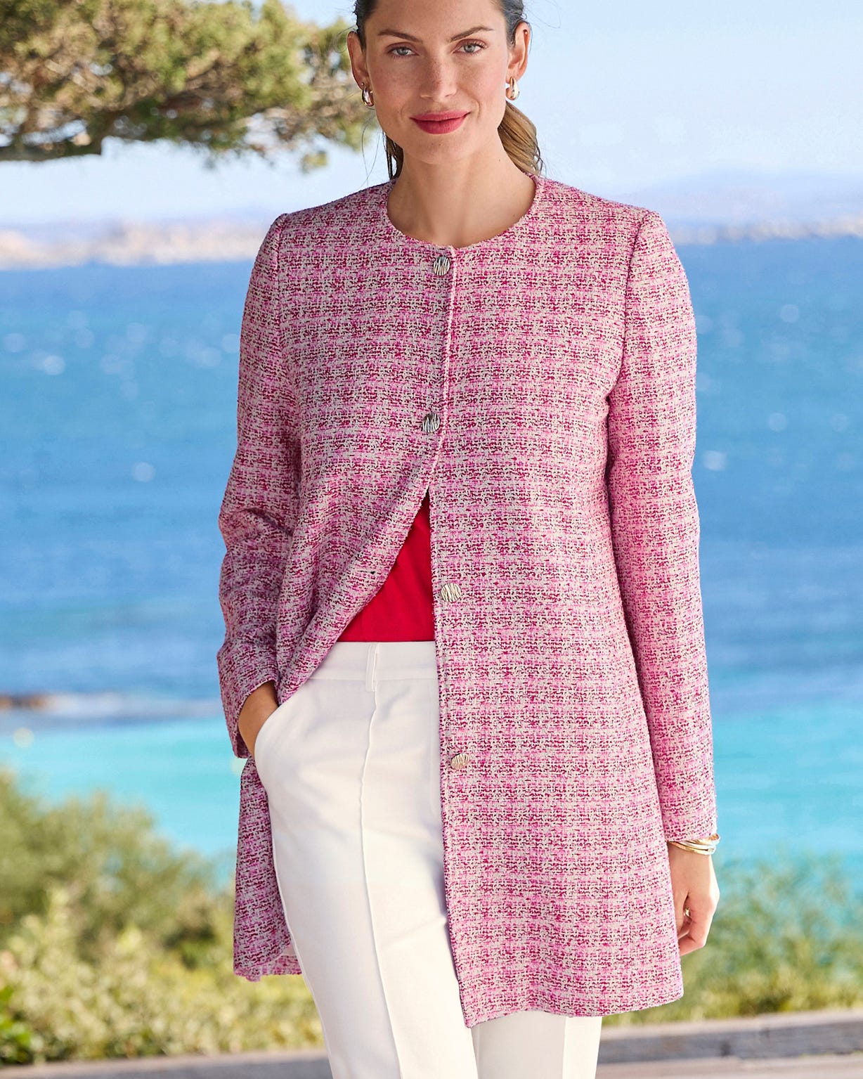 Veste longue effet tweed fils brillants
