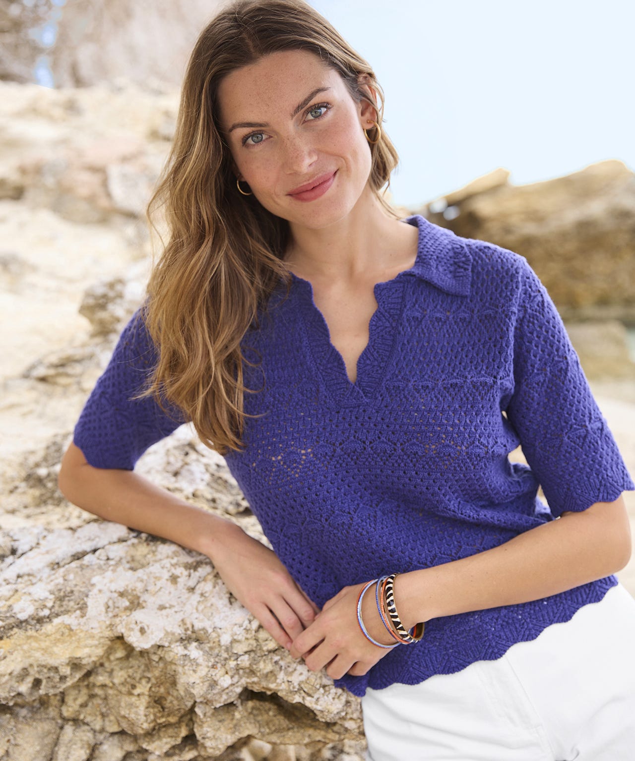Pull col polo maille ajourée