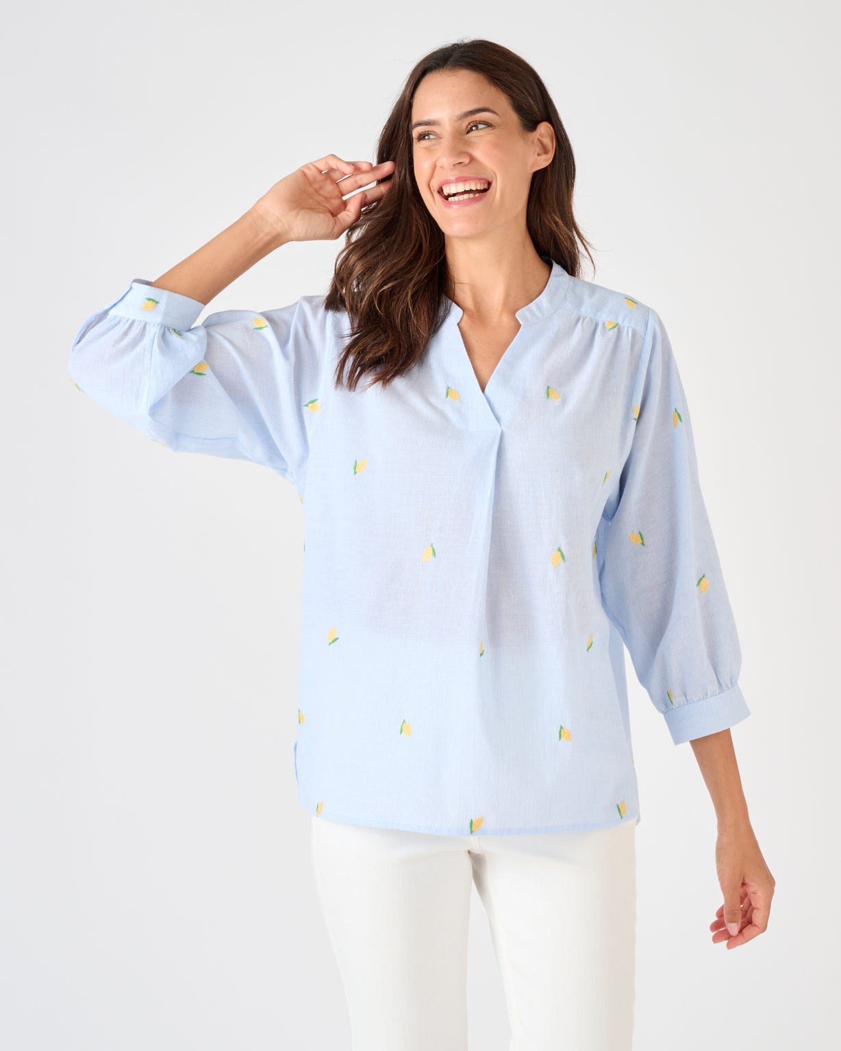 Blouse rayée et brodée citrons