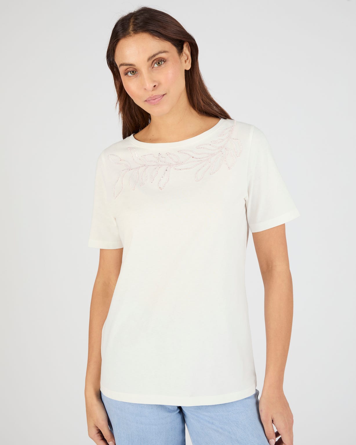 T-shirt broderie et sequins pur coton