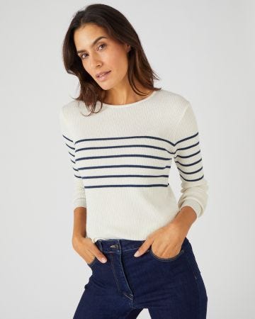 Pull col rond 50% laine mérinos, uni et rayé