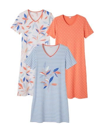 Lot de 3 chemises de nuit imprimées pur coton peign��, 2 statures