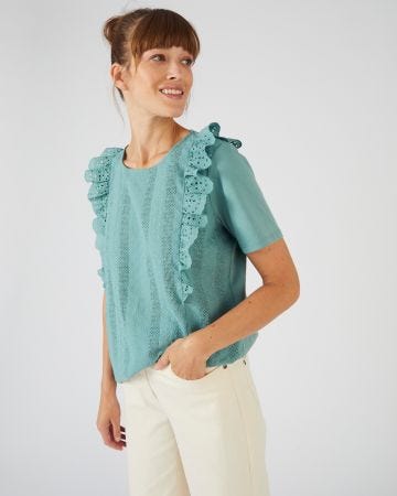 T-shirt bi-matière broderie anglaise