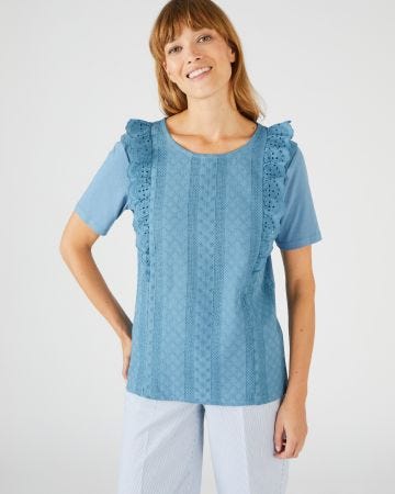 Tee-shirt bi-matière broderie anglaise