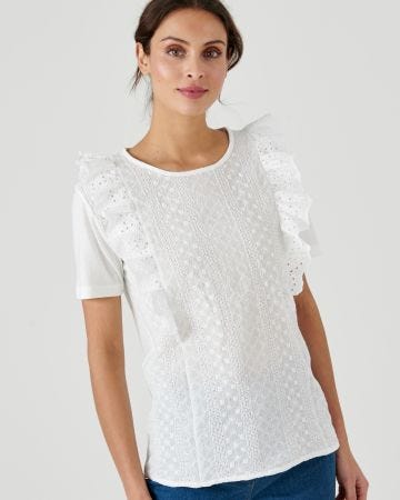 Tee-shirt bi-matière broderie anglaise