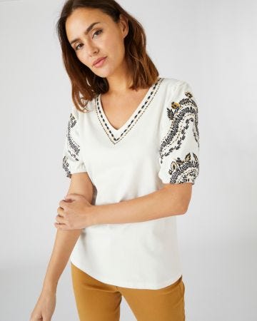Tee-shirt détails brodés pur coton biologique, manches courtes