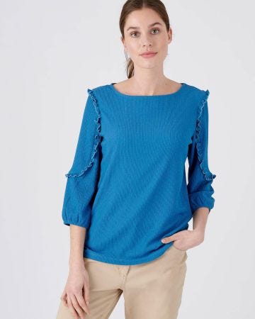 Tee-shirt détails volantés crêpe recyclé, manches 3/4