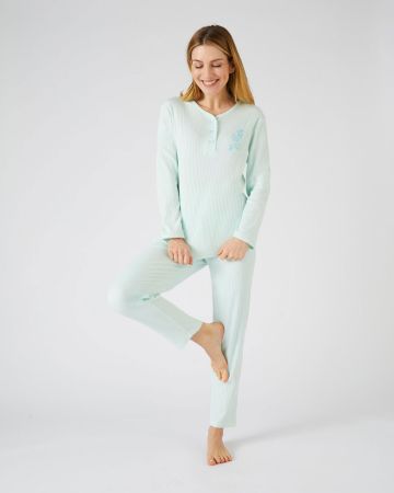 Pyjama en maille interlock côtelée, manches longues