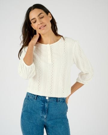 Top maille jacquard stretch ajourée et brodée