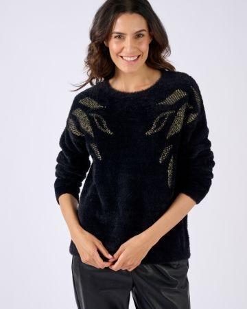 Pull maille poilue à motif végétal brillant