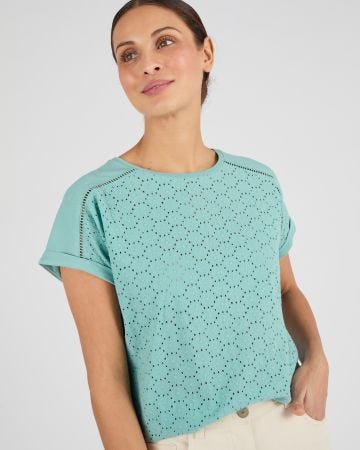 T-shirt bi-matière broderie anglaise