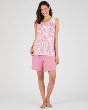 Pyjashort en pur coton peigné, détails dentelle