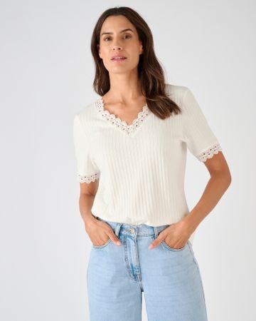 T-shirt maille côtelée et dentelle