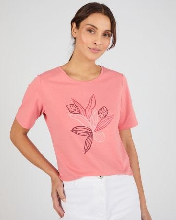 T-shirt maille jersey motif feuillage