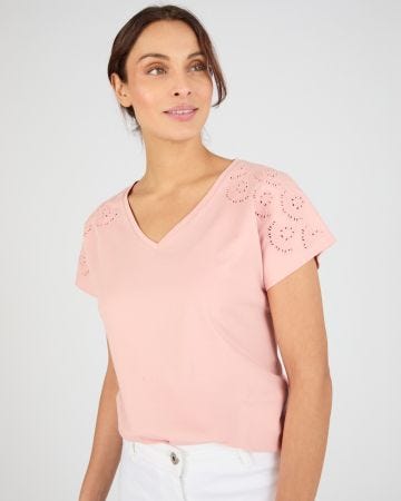 T-shirt broderies ajourées en pur coton