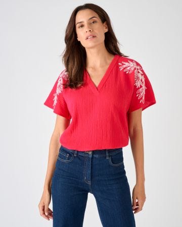 Blouse brodée en double gaze effet crêpé