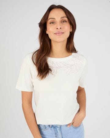T-shirt broderie et sequins pur coton