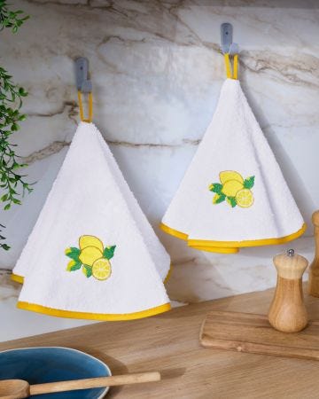 Lot de 2 essuie-mains ronds en tissu éponge motif citrons