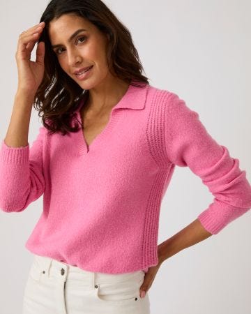 Pull col polo ouvert fantaisie côtelée