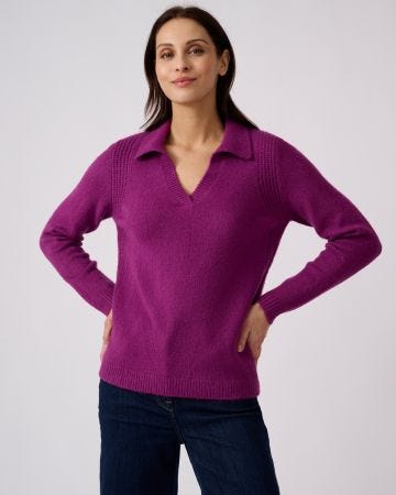 Pull col polo ouvert fantaisie côtelée