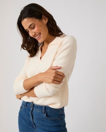 Pull col polo ouvert fantaisie côtelée