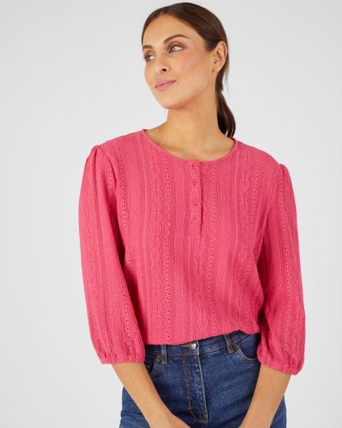 Top maille jacquard stretch ajourée et brodée