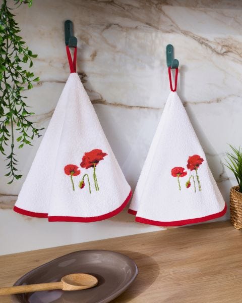Lot de 2 essuie-mains ronds en tissu éponge motif coquelicots